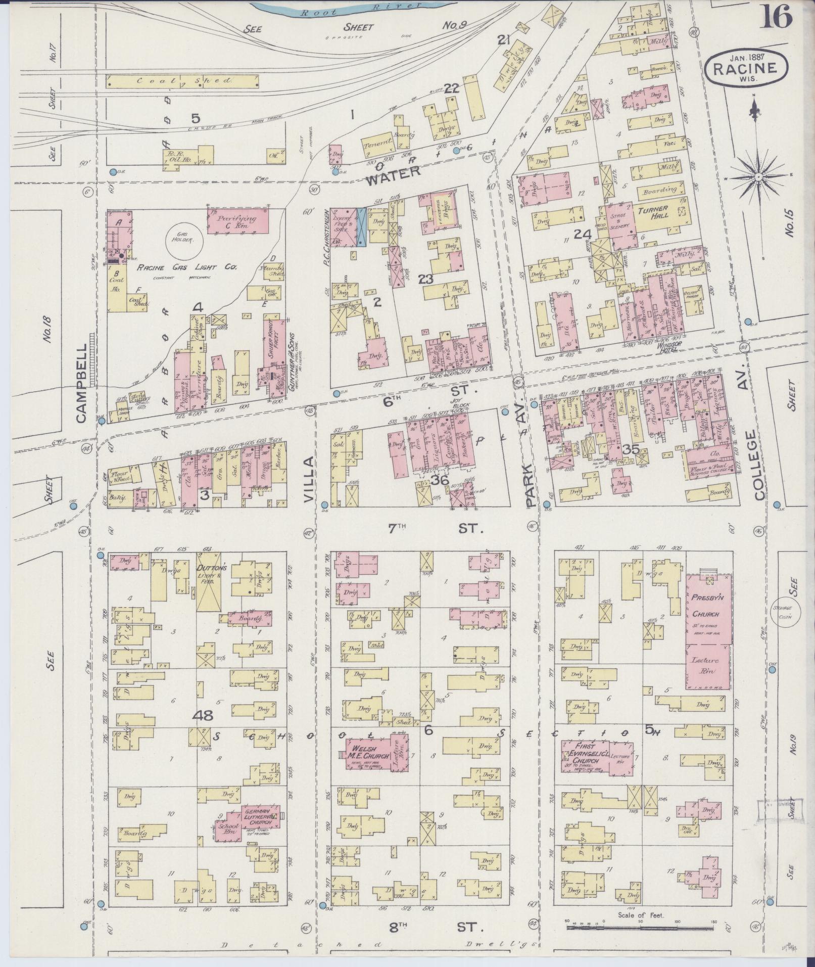 Sanborn Fire Insurance Map from Racine, Racine County, Wisconsin (1887), Sheet #0016 - Historic Sanborn Fire Insurance Map Print, vintage old map wall art, antique decor, genealogy gift, Wisconsin Wisconsin map