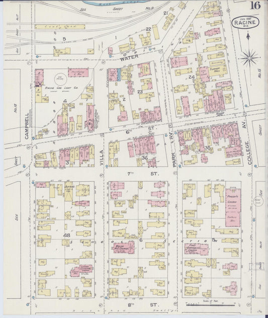 Sanborn Fire Insurance Map from Racine, Racine County, Wisconsin (1887), Sheet #0016 - Historic Sanborn Fire Insurance Map Print, vintage old map wall art, antique decor, genealogy gift, Wisconsin Wisconsin map