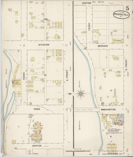 Sanborn Fire Insurance Map from Spokane, Spokane County, Washington (1889), Sheet #0005 - Historic Sanborn Fire Insurance Map Print, vintage old map wall art, antique decor, genealogy gift, Washington Washington map