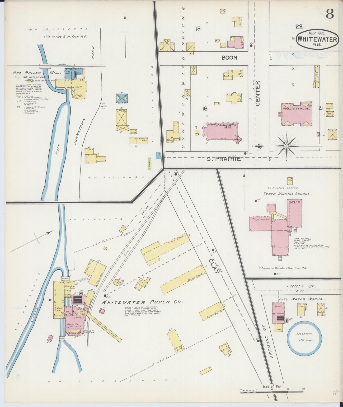 Sanborn Fire Insurance Map from Whitewater, Walworth County, Wisconsin (1892), Sheet #0008 - Historic Sanborn Fire Insurance Map Print, vintage old map wall art, antique decor, genealogy gift, Wisconsin Wisconsin map