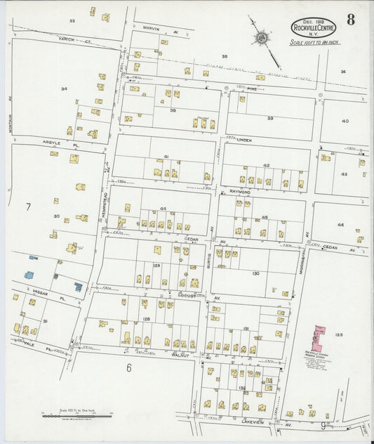 Sanborn Fire Insurance Map from Rockville Centre, Nassau County, New York (1919), Sheet #0008 - Historic Sanborn Fire Insurance Map Print, vintage old map wall art, antique decor, genealogy gift, New York New York map