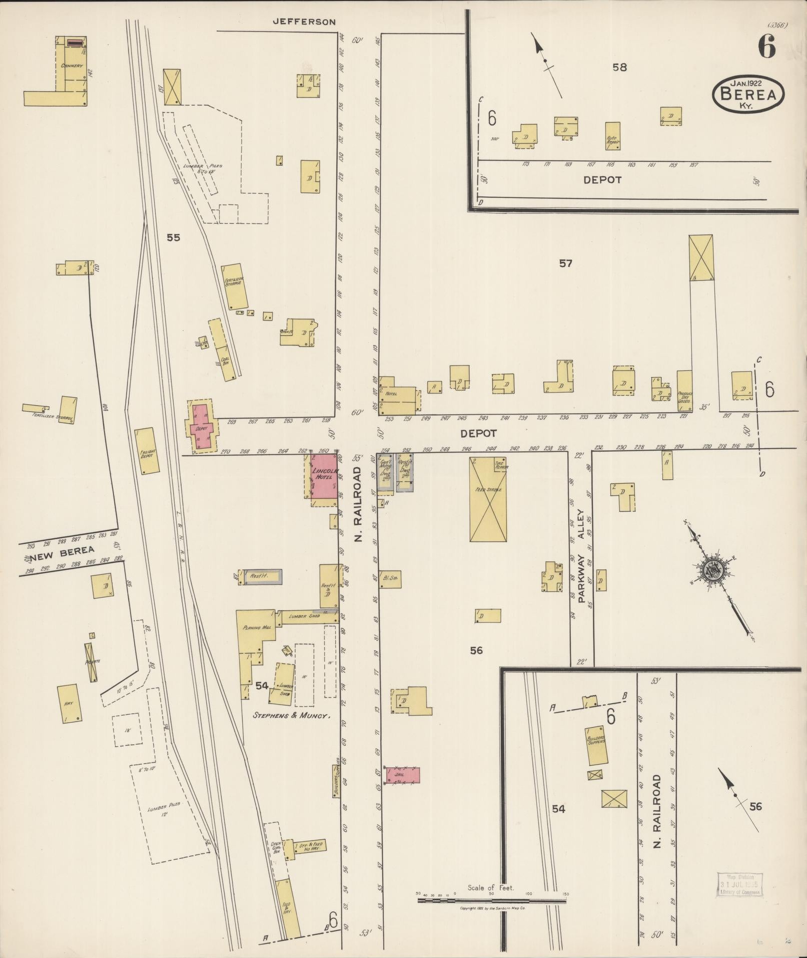 Sanborn Fire Insurance Map from Berea, Madison County, Kentucky (1922), Sheet #0006 - Historic Sanborn Fire Insurance Map Print, vintage old map wall art, antique decor, genealogy gift, Kentucky Kentucky map