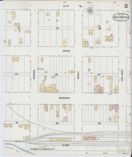 Sanborn Fire Insurance Map from Sauk Rapids, Benton County, Minnesota (1889), Sheet #0002 - Historic Sanborn Fire Insurance Map Print, vintage old map wall art, antique decor, genealogy gift, Minnesota Minnesota map