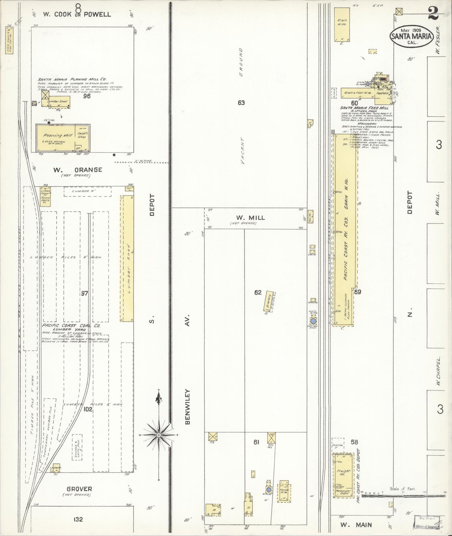Sanborn Fire Insurance Map from Santa Maria, Santa Barbara County, California (1909), Sheet #0002 - Complete Map Set gallery image, historic Sanborn map, vintage wall art, California California