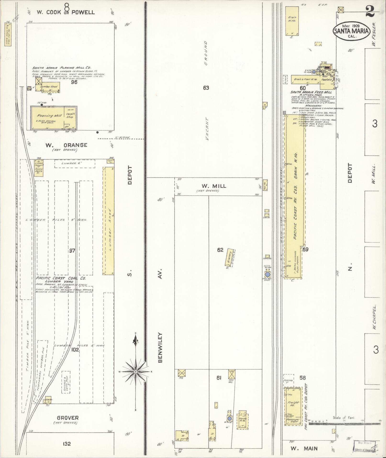 Sanborn Fire Insurance Map from Santa Maria, Santa Barbara County, California (1909), Sheet #0002 - Complete Map Set gallery image, historic Sanborn map, vintage wall art, California California