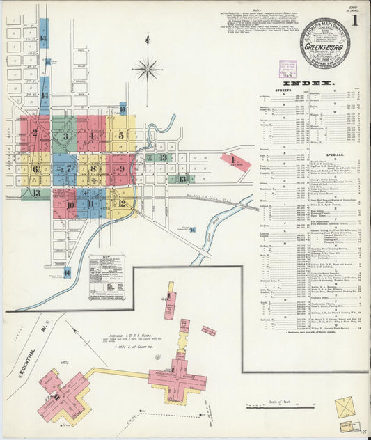 Sanborn Fire Insurance Map from Greensburg, Decatur County, Indiana (1906), Sheet #0001 - Historic Sanborn Fire Insurance Map Print, vintage old map wall art, antique decor, genealogy gift, Indiana Indiana map