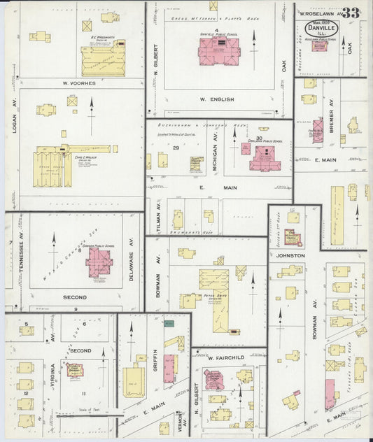 Sanborn Fire Insurance Map from Danville, Vermilion County, Illinois (1909), Sheet #0033 - Historic Sanborn Fire Insurance Map Print, vintage old map wall art, antique decor, genealogy gift, Illinois Illinois map