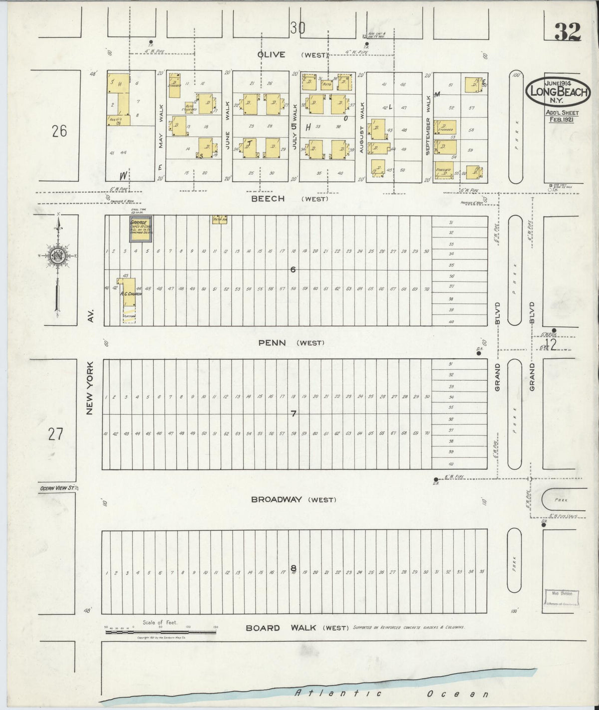 Sanborn Fire Insurance Map from Long Beach, Nassau County, New York (1914), Sheet #0032 - Complete Map Set gallery image, historic Sanborn map, vintage wall art, New York New York