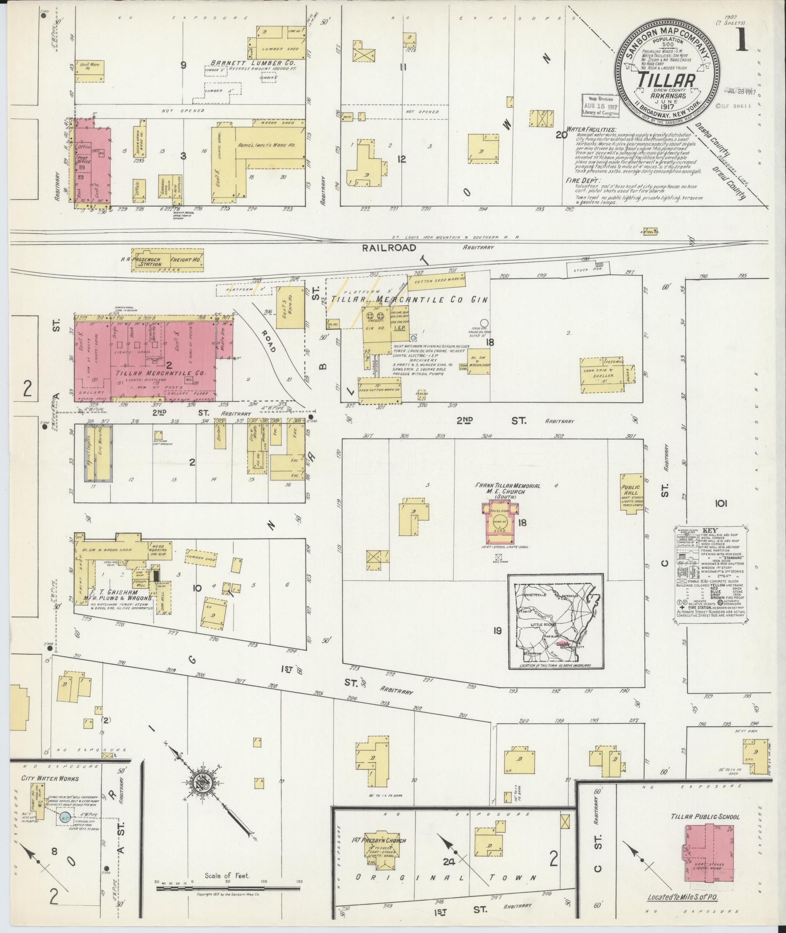 Sanborn Fire Insurance Map from Tillar, Drew County, Arkansas (1917), Sheet #0001 - Complete Map Set gallery image, historic Sanborn map, vintage wall art, Arkansas Arkansas