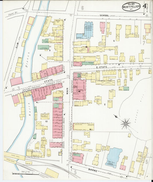 Sanborn Fire Insurance Map from Montpelier, Washington County, Vermont (1894), Sheet #0004 - Historic Sanborn Fire Insurance Map Print, vintage old map wall art, antique decor, genealogy gift, Vermont Vermont map