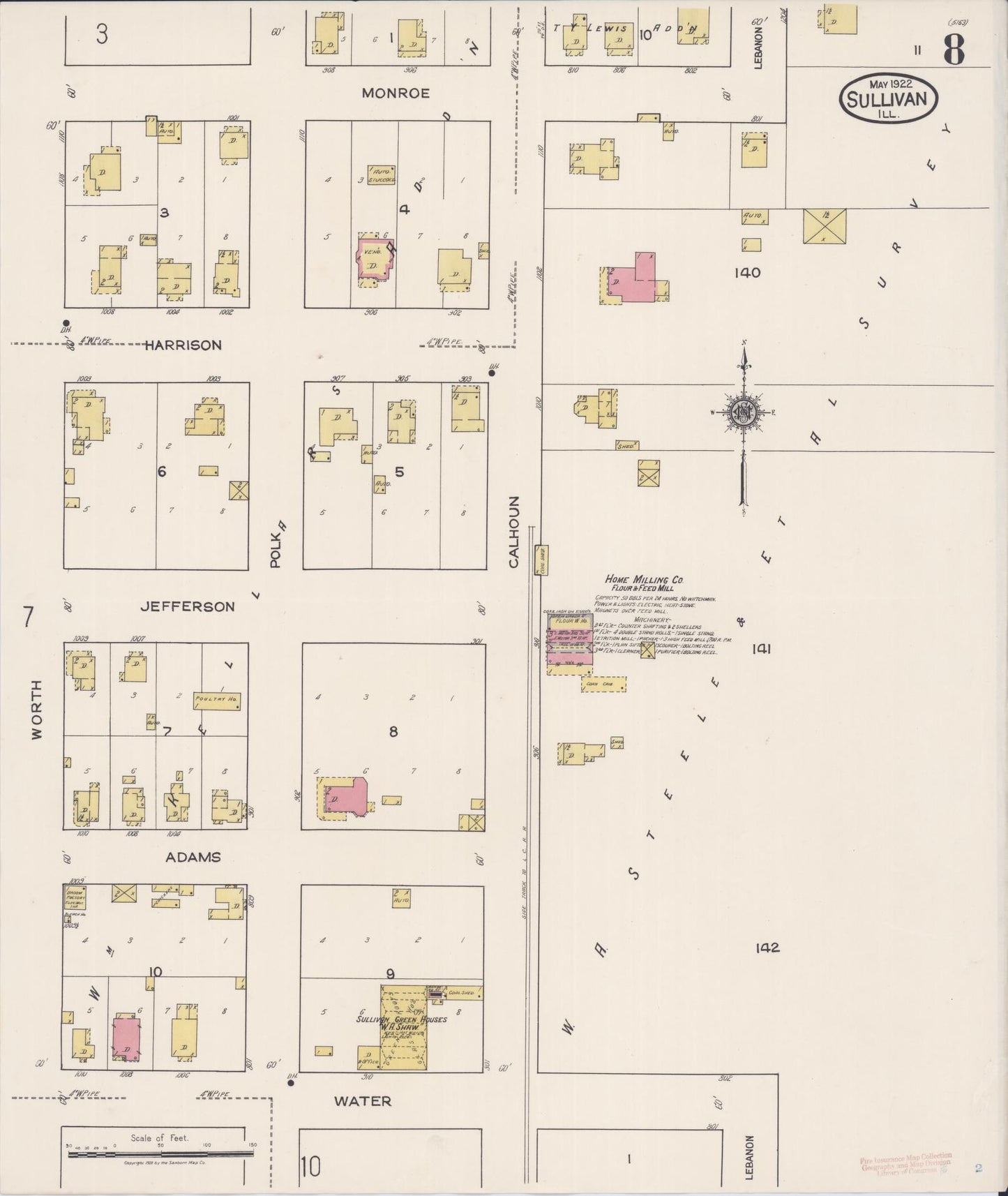Sanborn Fire Insurance Map from Sullivan, Moultrie County, Illinois (1922), Sheet #0008 - Complete Map Set gallery image, historic Sanborn map, vintage wall art, Illinois Illinois