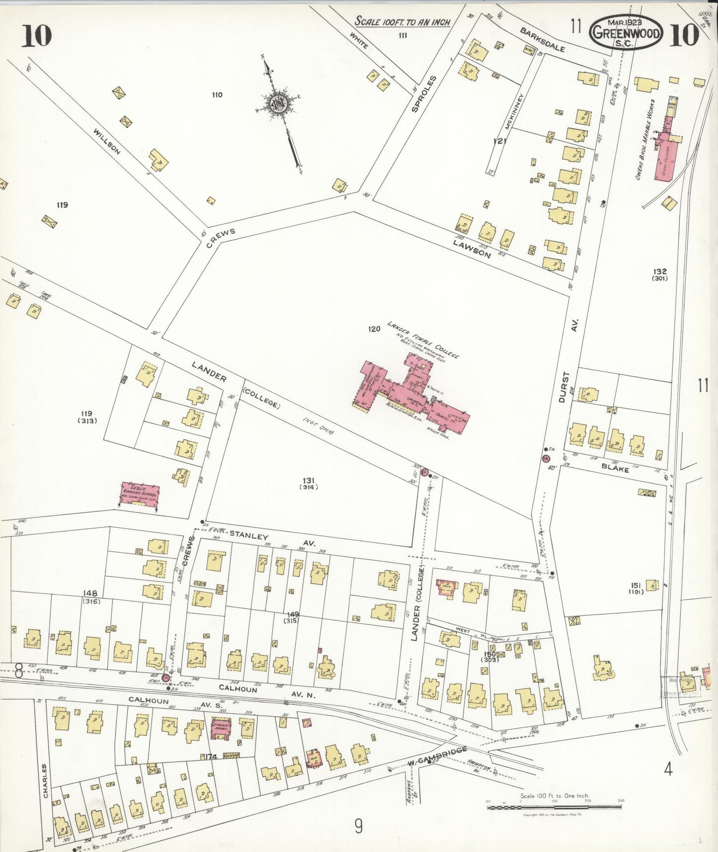 Sanborn Fire Insurance Map from Greenwood, Greenwood County, South Carolina (1923), Sheet #0010 - Historic Sanborn Fire Insurance Map Print, vintage old map wall art, antique decor, genealogy gift, South Carolina South Carolina map