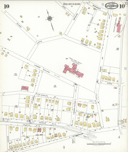 Sanborn Fire Insurance Map from Greenwood, Greenwood County, South Carolina (1923), Sheet #0010 - Historic Sanborn Fire Insurance Map Print, vintage old map wall art, antique decor, genealogy gift, South Carolina South Carolina map