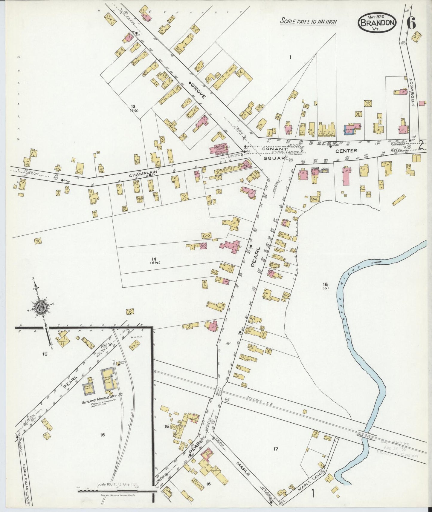 Sanborn Fire Insurance Map from Brandon, Rutland County, Vermont (1920), Sheet #0006 - Historic Sanborn Fire Insurance Map Print, vintage old map wall art, antique decor, genealogy gift, Vermont Vermont map