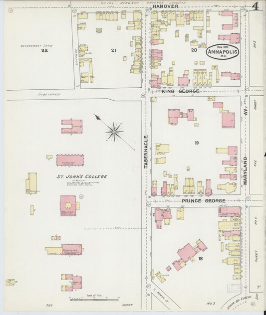 Sanborn Fire Insurance Map from Annapolis, Anne Arundel County, Maryland (1891), Sheet #0004 - Historic Sanborn Fire Insurance Map Print, vintage old map wall art, antique decor, genealogy gift, Maryland Maryland map