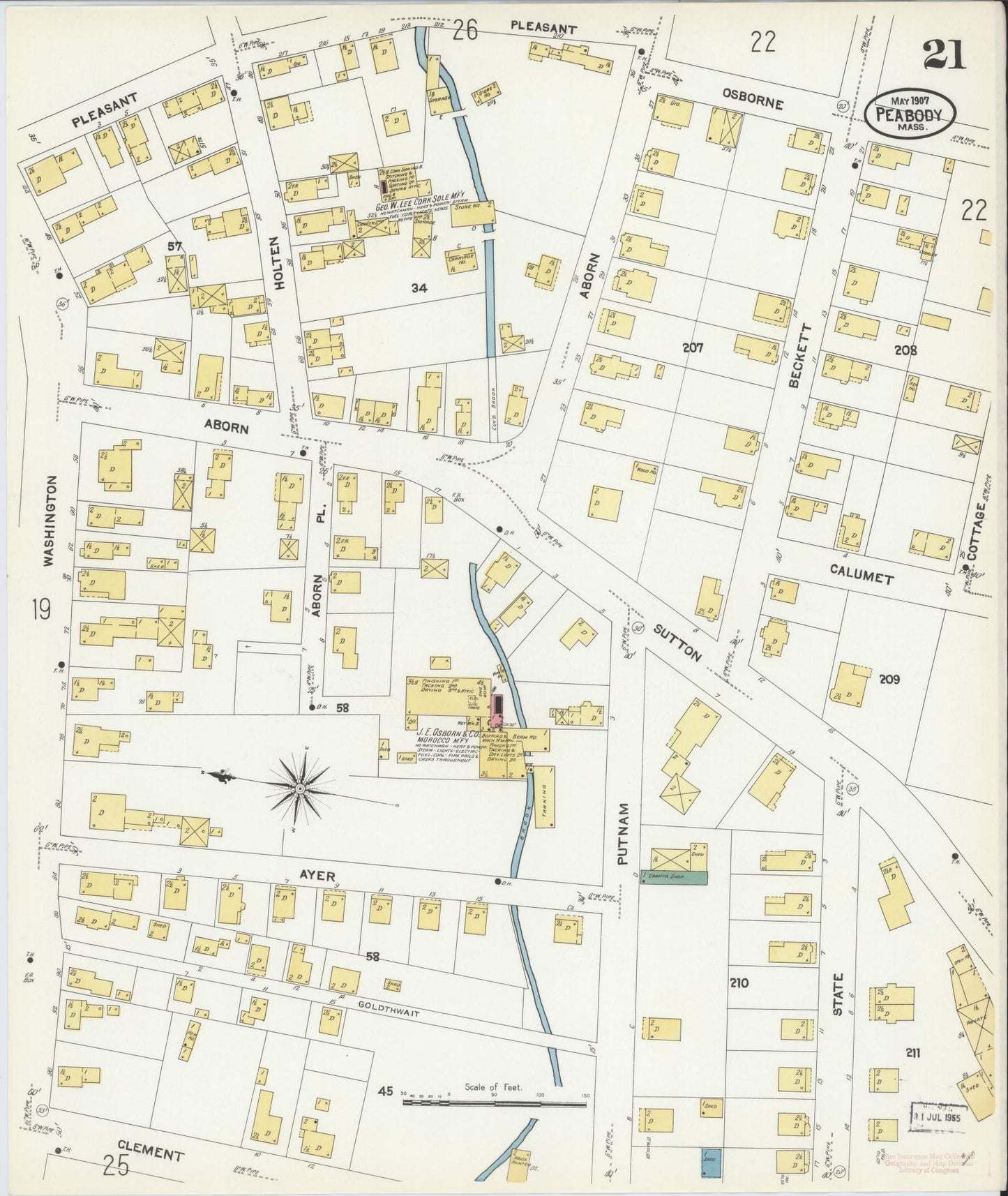 Sanborn Fire Insurance Map from Peabody, Essex County, Massachusetts (1907), Sheet #0021 - Complete Map Set gallery image, historic Sanborn map, vintage wall art, Massachusetts Massachusetts