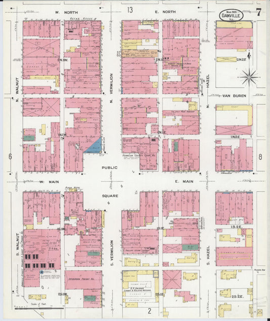 Sanborn Fire Insurance Map from Danville, Vermilion County, Illinois (1909), Sheet #0007 - Historic Sanborn Fire Insurance Map Print, vintage old map wall art, antique decor, genealogy gift, Illinois Illinois map