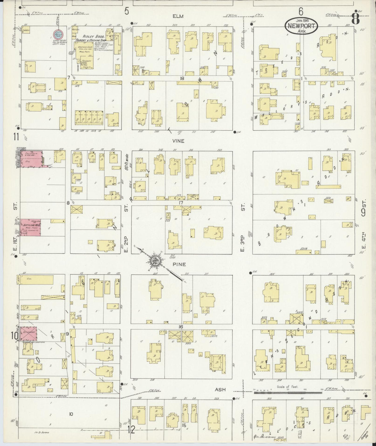 Sanborn Fire Insurance Map from Newport, Jackson County, Arkansas (1914), Sheet #0008 - Complete Map Set gallery image, historic Sanborn map, vintage wall art, Arkansas Arkansas