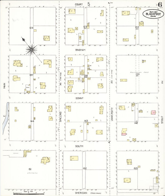 Sanborn Fire Insurance Map from Blackfoot, Bingham County, Idaho (1907), Sheet #0006 - Historic Sanborn Fire Insurance Map Print, vintage old map wall art, antique decor, genealogy gift, Idaho Idaho map