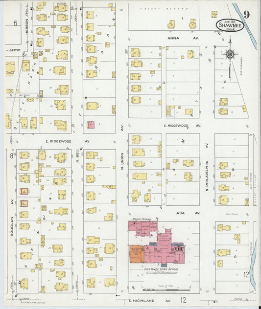 Sanborn Fire Insurance Map from Shawnee, Pottawatomie County, Oklahoma (1919), Sheet #0009 - Historic Sanborn Fire Insurance Map Print, vintage old map wall art, antique decor, genealogy gift, Oklahoma Oklahoma map