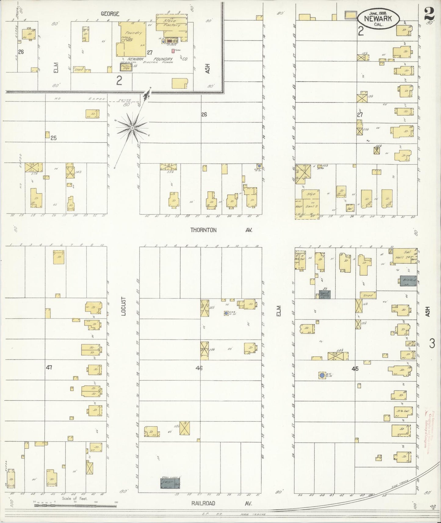 Sanborn Fire Insurance Map from Newark, Alameda County, California (1908), Sheet #0002 - Complete Map Set gallery image, historic Sanborn map, vintage wall art, California California