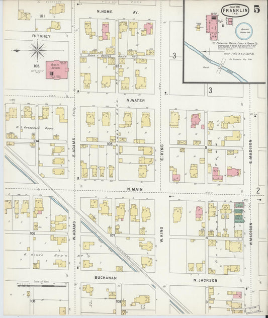 Sanborn Fire Insurance Map from Franklin, Johnson County, Indiana (1896), Sheet #0005 - Historic Sanborn Fire Insurance Map Print, vintage old map wall art, antique decor, genealogy gift, Indiana Indiana map