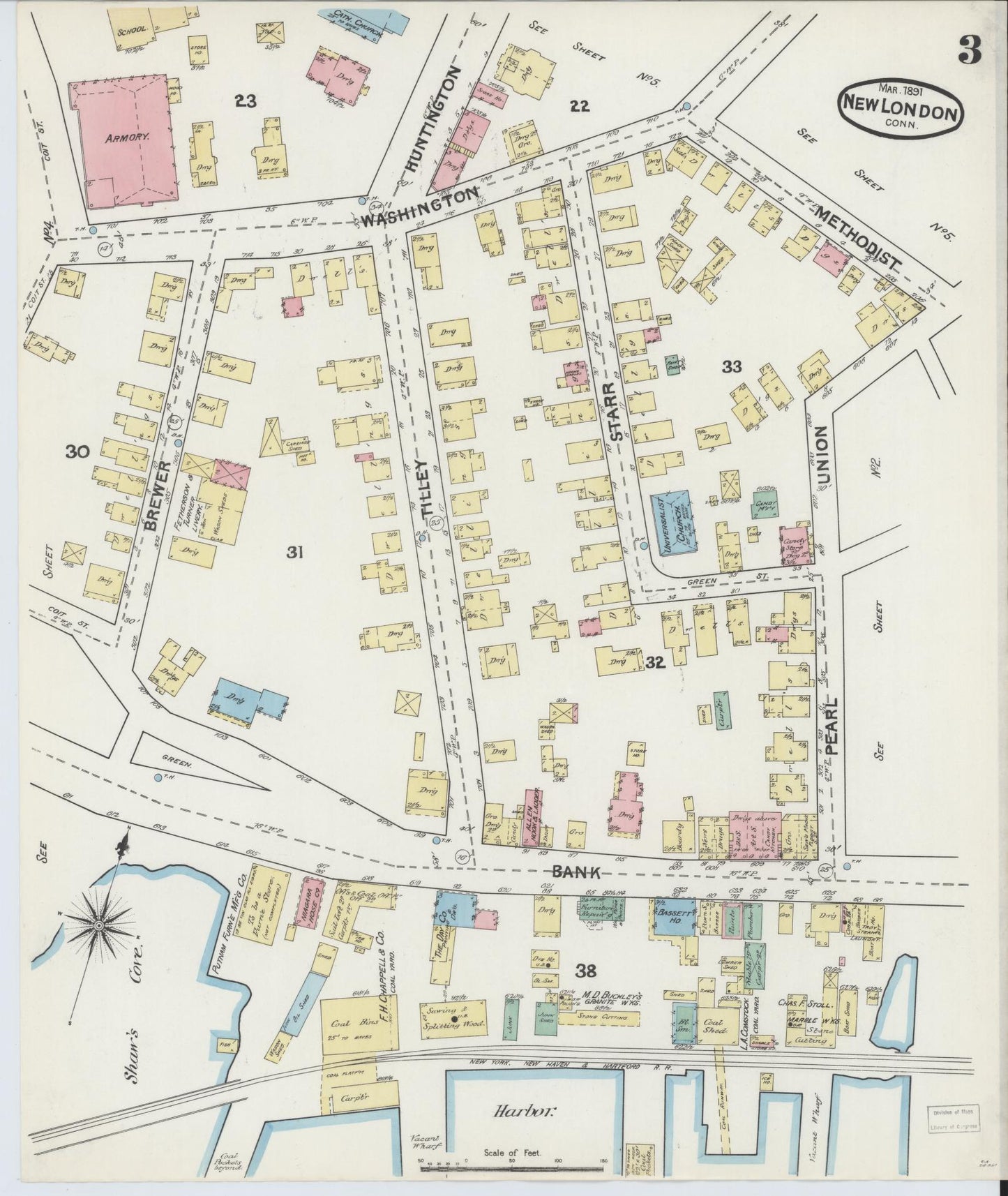 Sanborn Fire Insurance Map from New London, New London County, Connecticut (1891), Sheet #0003 - Complete Map Set gallery image, historic Sanborn map, vintage wall art, Connecticut Connecticut