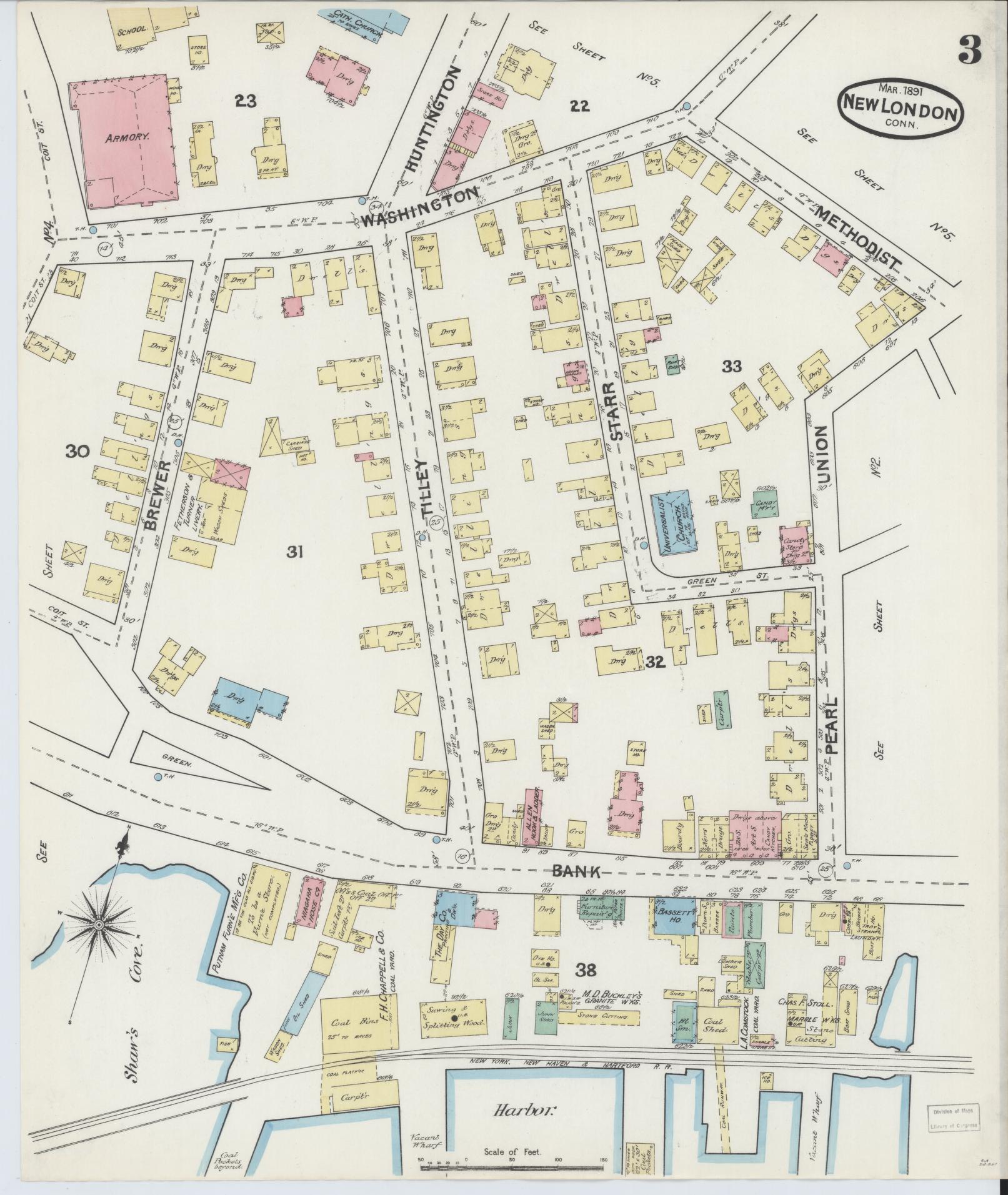 Sanborn Fire Insurance Map from New London, New London County, Connecticut (1891), Sheet #0003 - Complete Map Set gallery image, historic Sanborn map, vintage wall art, Connecticut Connecticut
