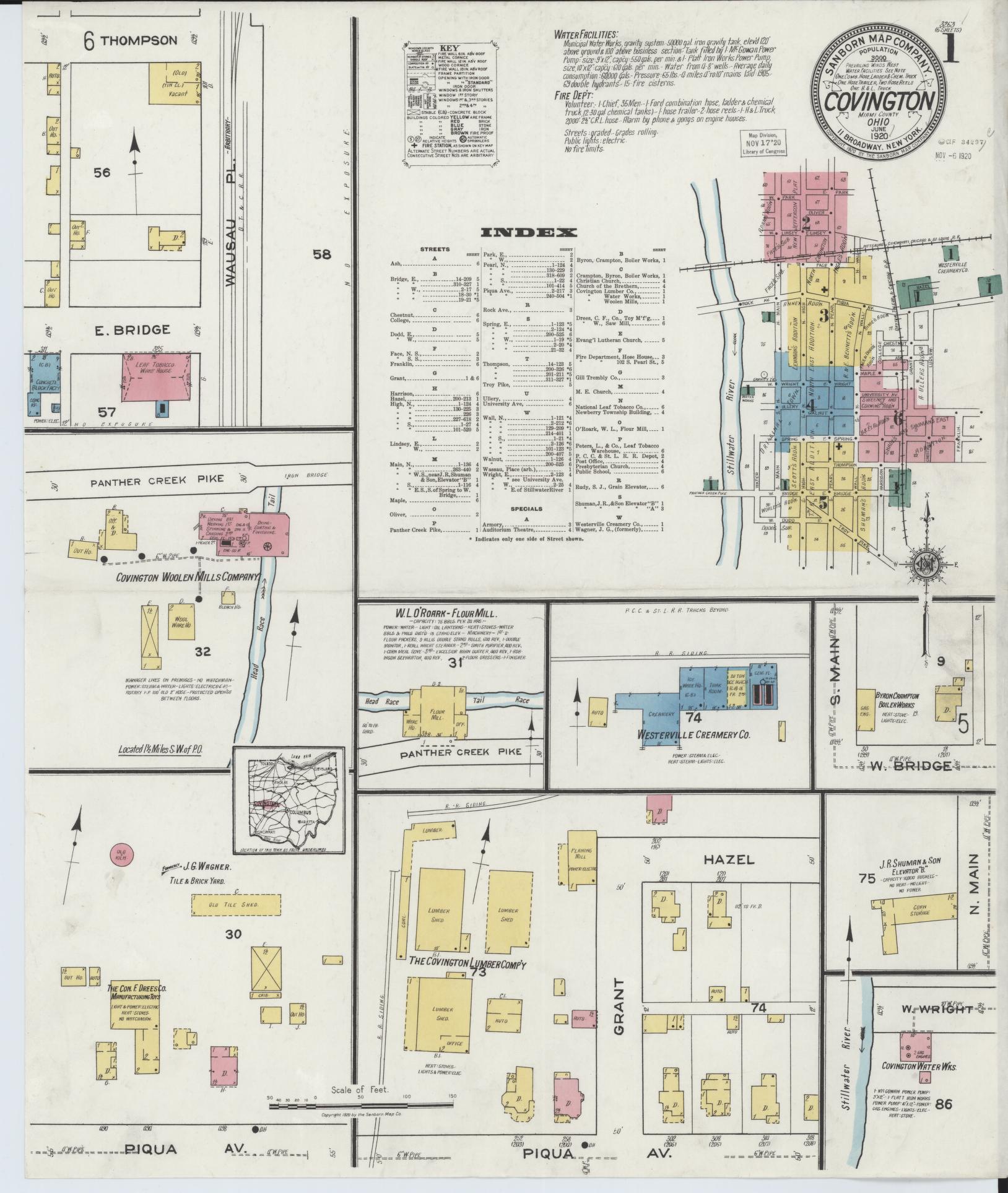 Sanborn Fire Insurance Map from Covington, Miami County, Ohio (1920), Sheet #0001 - Historic Sanborn Fire Insurance Map Print, vintage old map wall art, antique decor, genealogy gift, Ohio Ohio map
