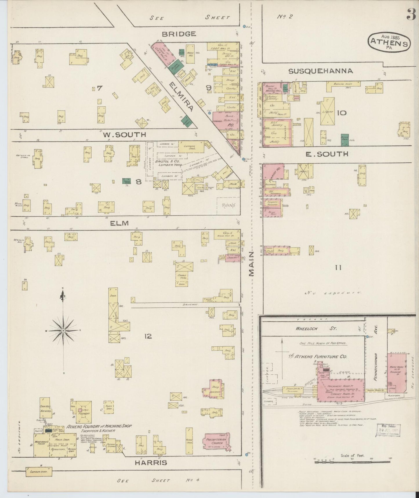Sanborn Fire Insurance Map from Athens, Bradford County, Pennsylvania (1885), Sheet #0003 - Historic Sanborn Fire Insurance Map Print, vintage old map wall art, antique decor, genealogy gift, Pennsylvania Pennsylvania map