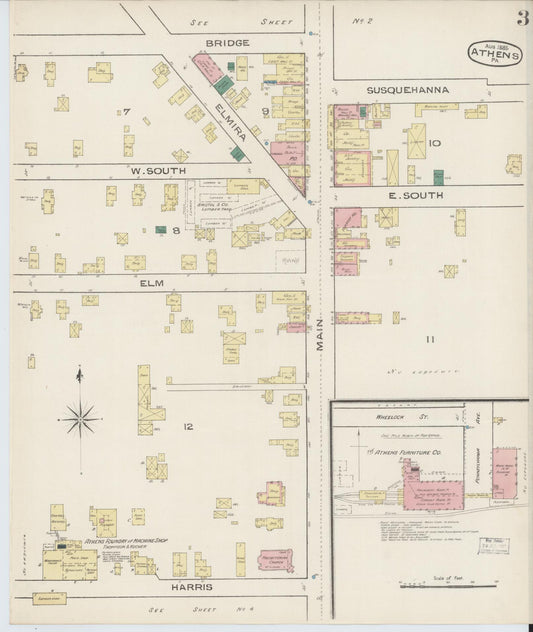Sanborn Fire Insurance Map from Athens, Bradford County, Pennsylvania (1885), Sheet #0003 - Historic Sanborn Fire Insurance Map Print, vintage old map wall art, antique decor, genealogy gift, Pennsylvania Pennsylvania map