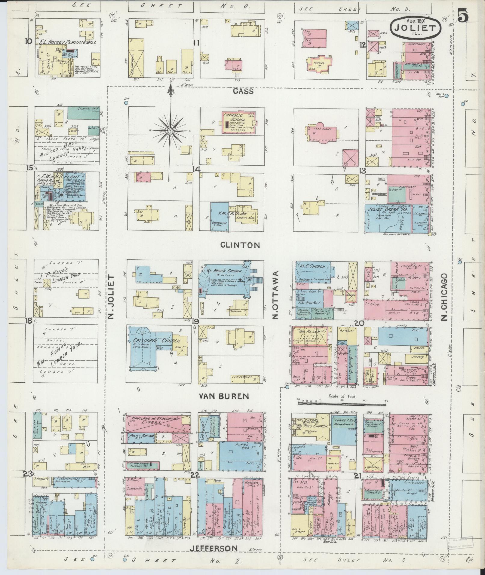Sanborn Fire Insurance Map from Joliet, Will County, Illinois (1891), Sheet #0005 - Complete Map Set gallery image, historic Sanborn map, vintage wall art, Illinois Illinois
