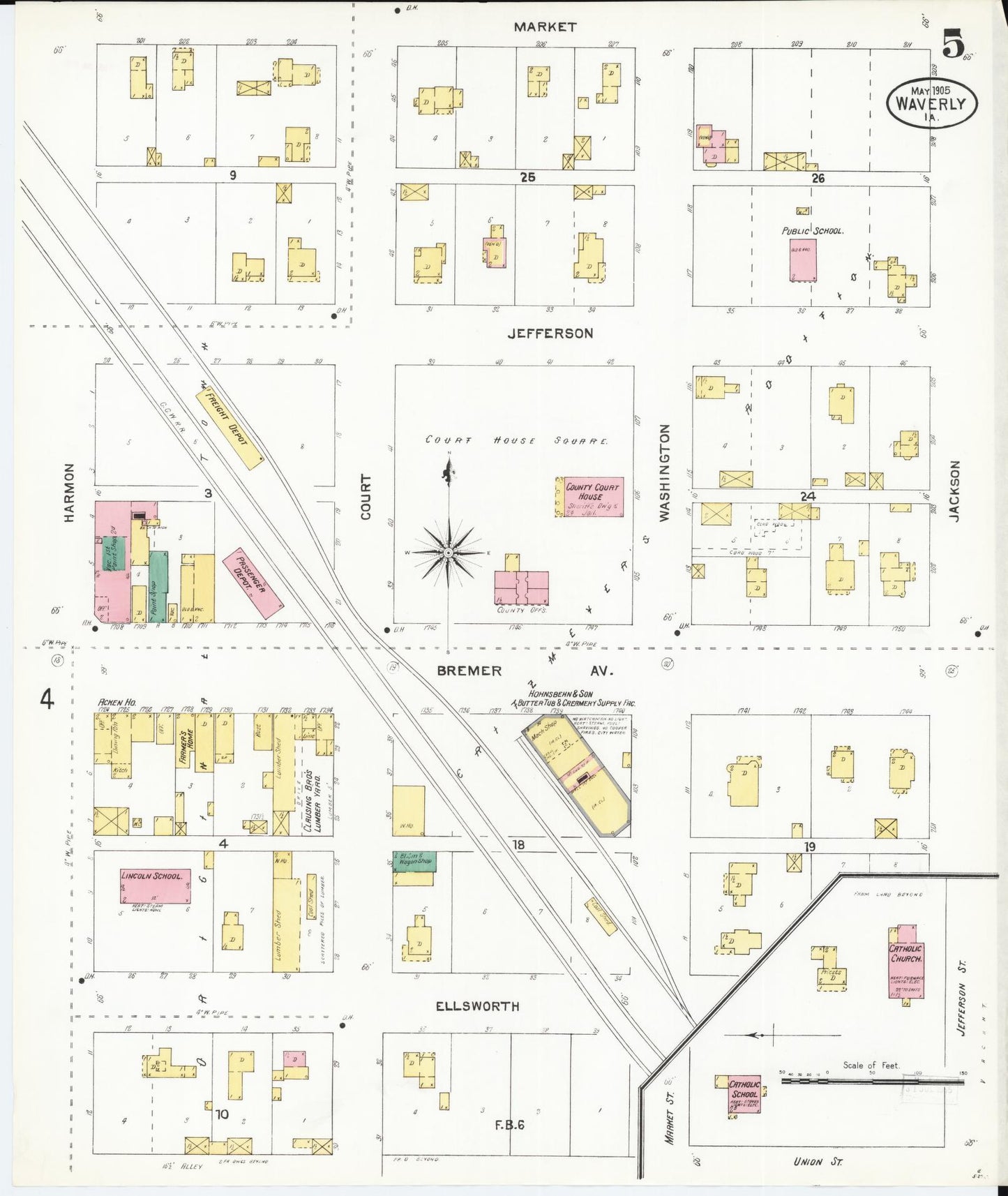 Sanborn Fire Insurance Map from Waverly, Bremer County, Iowa (1905), Sheet #0005 - Historic Sanborn Fire Insurance Map Print, vintage old map wall art