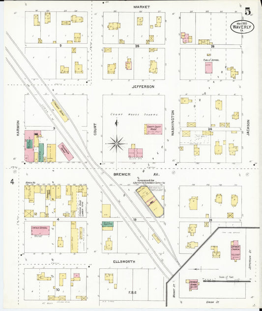 Sanborn Fire Insurance Map from Waverly, Bremer County, Iowa (1905), Sheet #0005 - Historic Sanborn Fire Insurance Map Print, vintage old map wall art