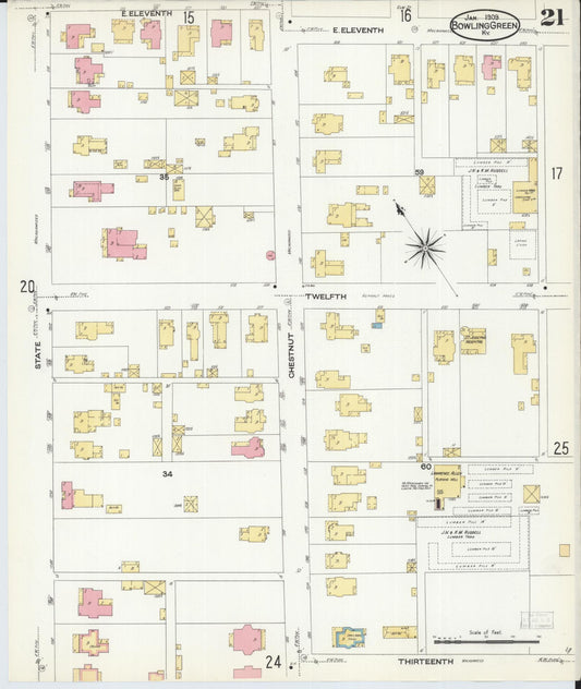 Sanborn Fire Insurance Map from Bowling Green, Warren County, Kentucky (1909), Sheet #0021 - Historic Sanborn Fire Insurance Map Print, vintage old map wall art, antique decor, genealogy gift, Kentucky Kentucky map