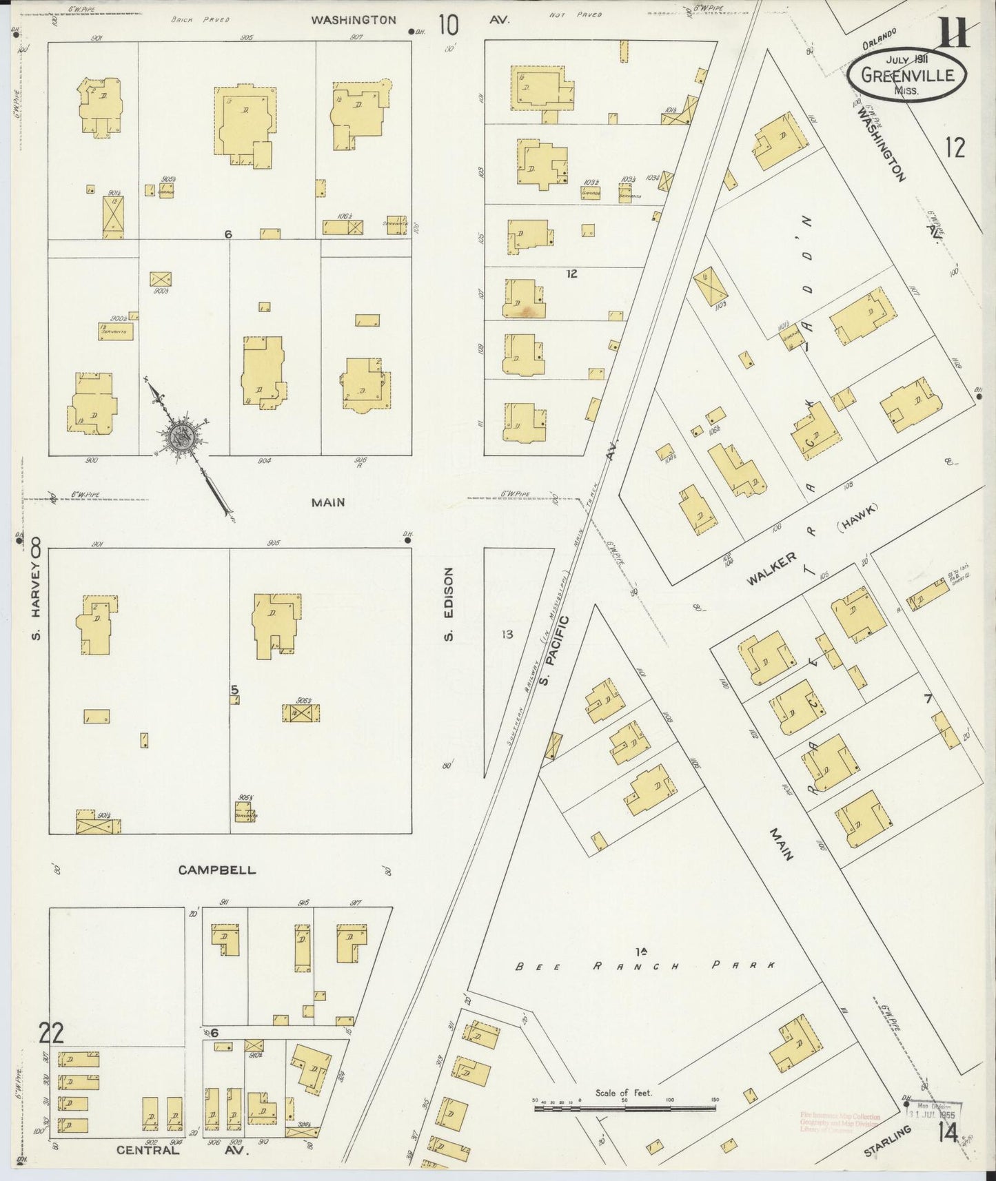Sanborn Fire Insurance Map from Greenville, Washington County, Mississippi (1911), Sheet #0011 - Historic Sanborn Fire Insurance Map Print, vintage old map wall art, antique decor, genealogy gift, Mississippi Mississippi map