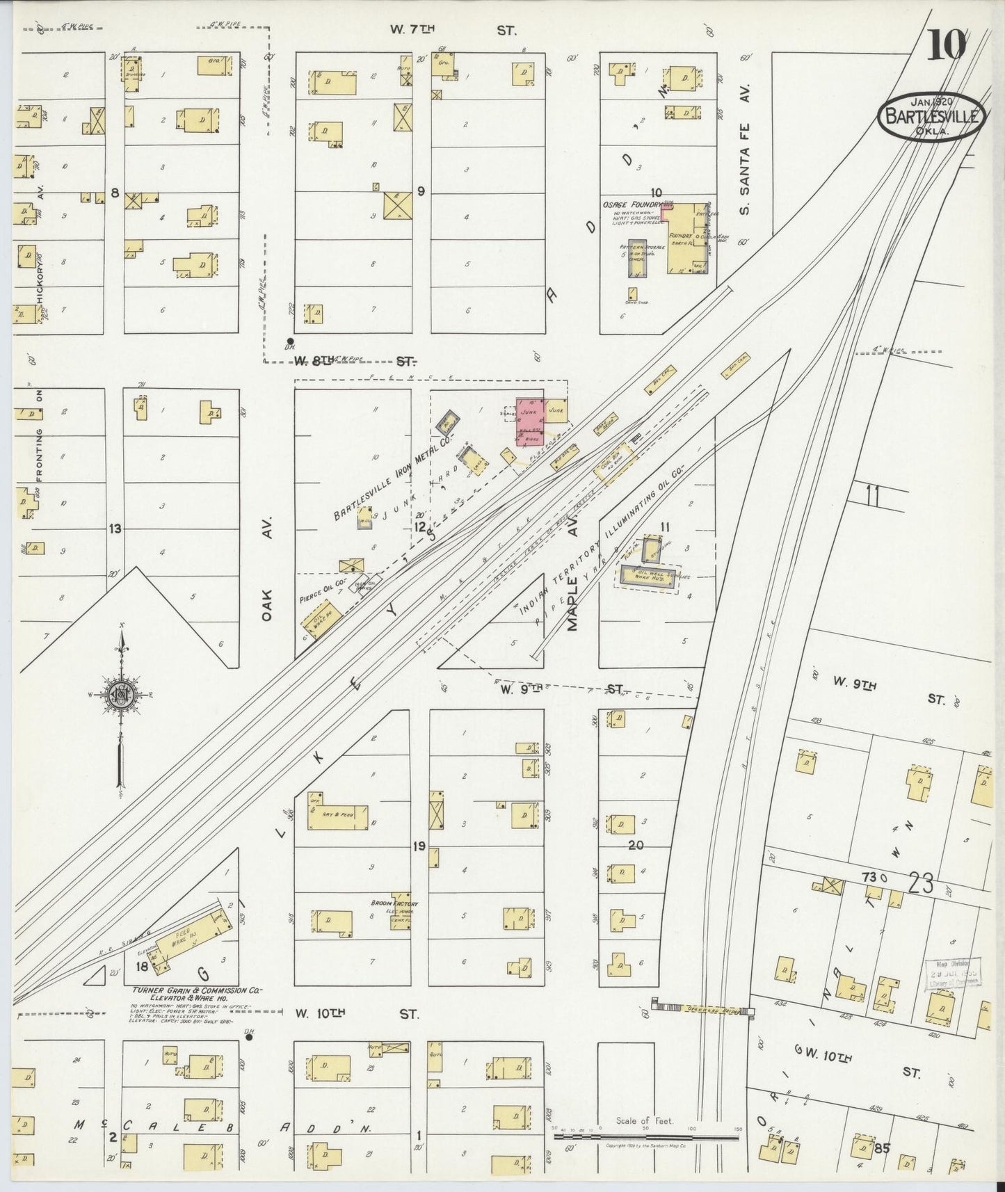 Sanborn Fire Insurance Map from Bartlesville, Washington County, Oklahoma (1920), Sheet #0010 - Historic Sanborn Fire Insurance Map Print, vintage old map wall art, antique decor, genealogy gift, Oklahoma Oklahoma map