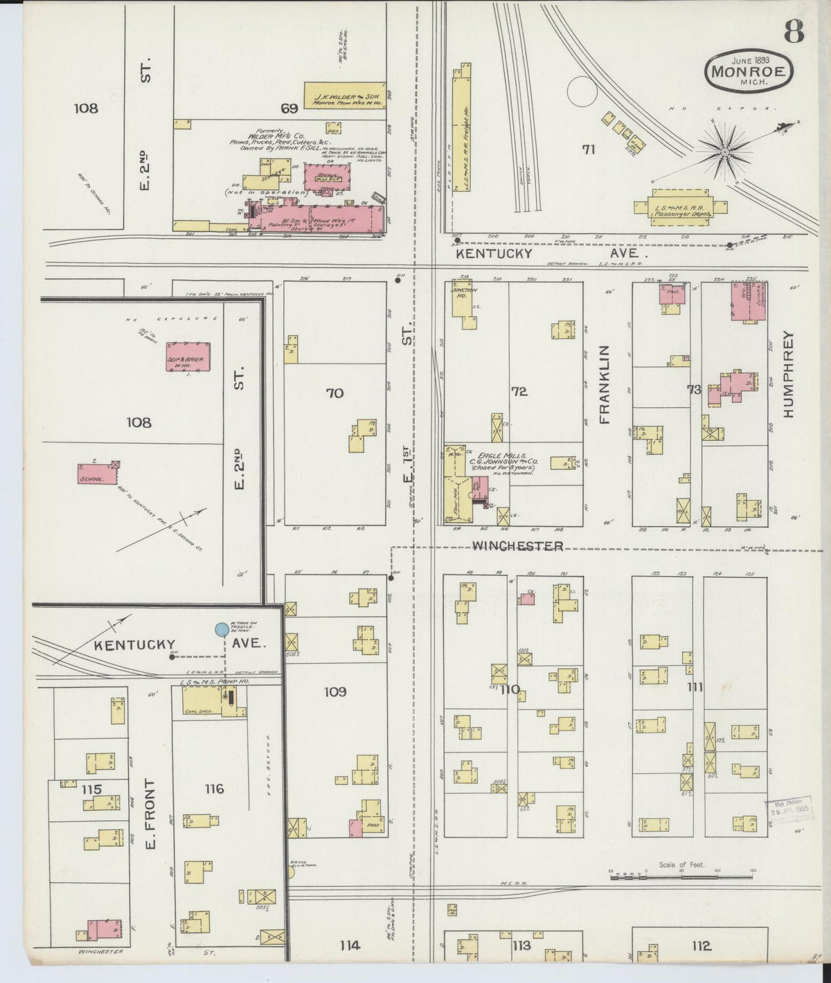 Sanborn Fire Insurance Map from Monroe, Monroe County, Michigan (1893), Sheet #0008 - Historic Sanborn Fire Insurance Map Print, vintage old map wall art, antique decor, genealogy gift, Michigan Michigan map
