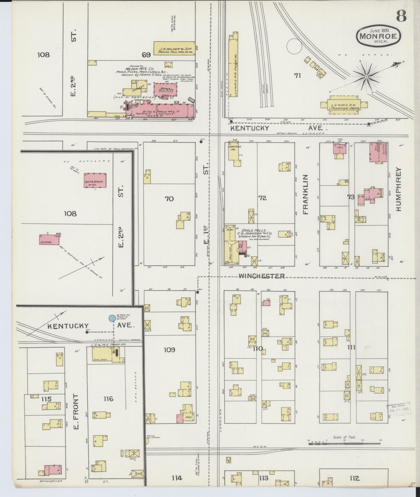 Sanborn Fire Insurance Map from Monroe, Monroe County, Michigan (1893), Sheet #0008 - Historic Sanborn Fire Insurance Map Print, vintage old map wall art, antique decor, genealogy gift, Michigan Michigan map