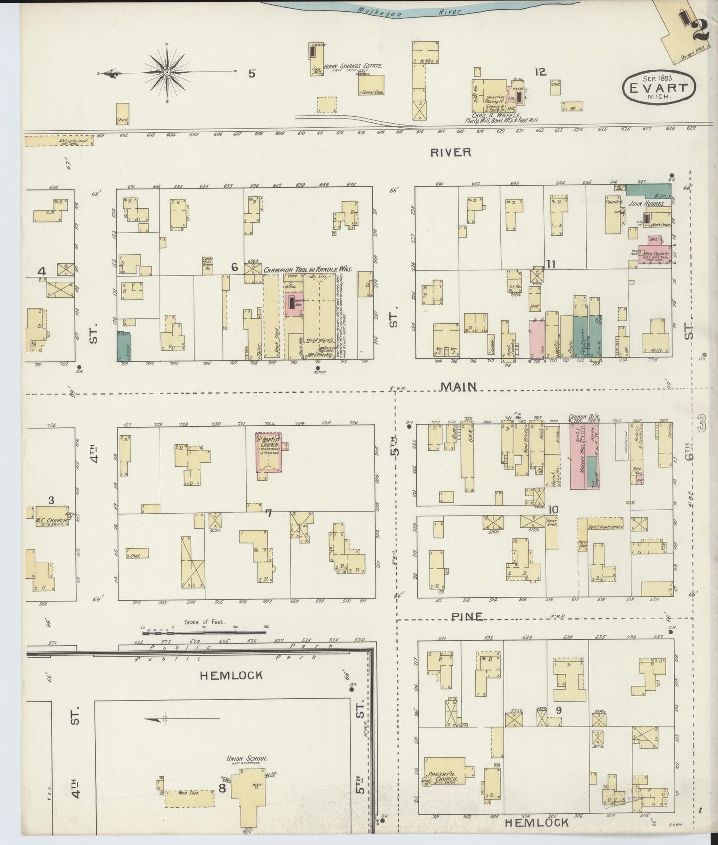 Sanborn Fire Insurance Map from Evart, Osceola County, Michigan (1893), Sheet #0002 - Complete Map Set gallery image, historic Sanborn map, vintage wall art, Michigan Michigan