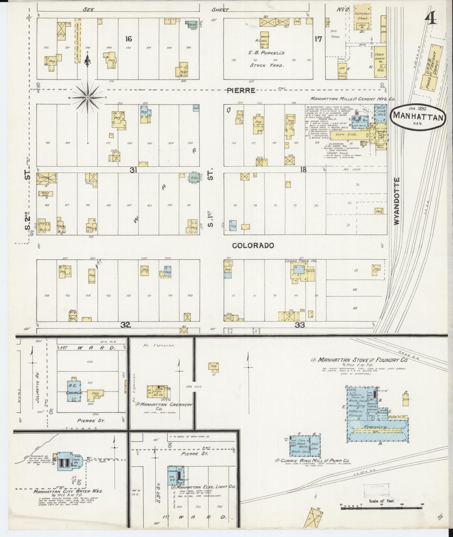 Sanborn Fire Insurance Map from Manhattan, Riley County, Kansas (1890), Sheet #0004 - Historic Sanborn Fire Insurance Map Print, vintage old map wall art, antique decor, genealogy gift, Kansas Kansas map