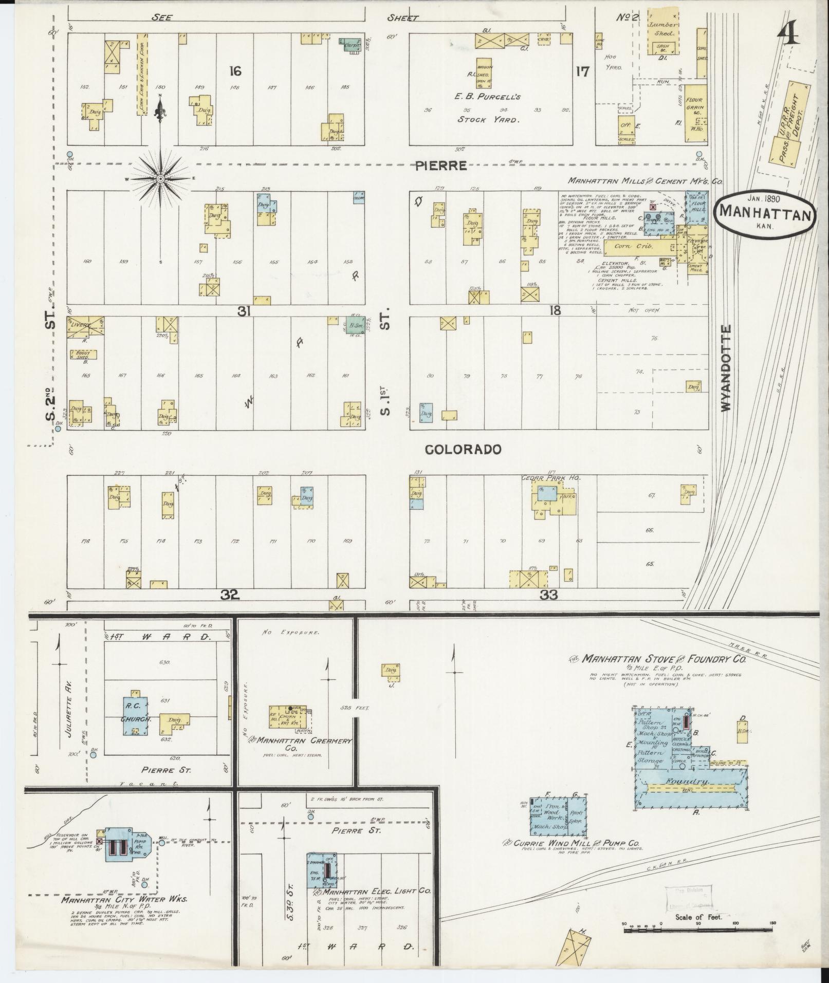 Sanborn Fire Insurance Map from Manhattan, Riley County, Kansas (1890), Sheet #0004 - Historic Sanborn Fire Insurance Map Print, vintage old map wall art, antique decor, genealogy gift, Kansas Kansas map