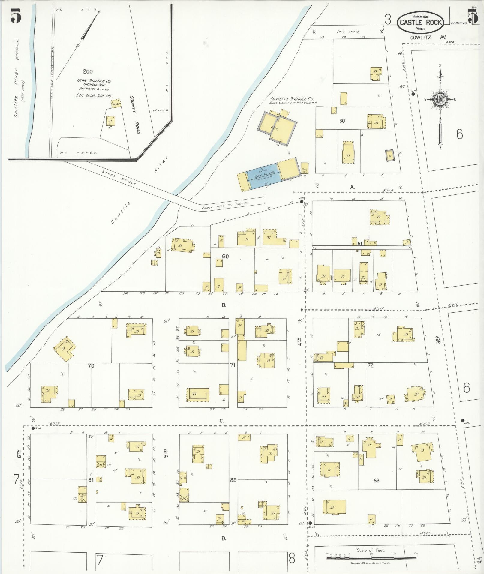 Sanborn Fire Insurance Map from Castle Rock, Cowlitz County, Washington (1928), Sheet #0005 - Complete Map Set gallery image, historic Sanborn map, vintage wall art, Washington Washington