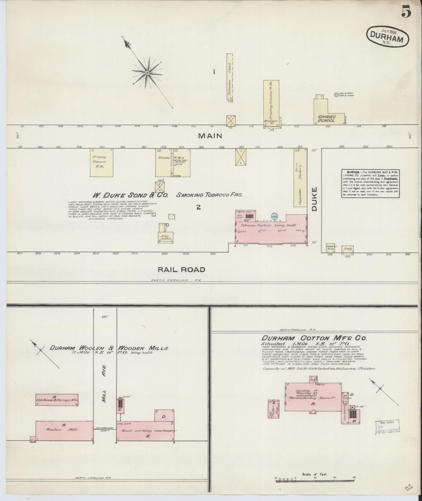 Sanborn Fire Insurance Map from Durham, Durham County, North Carolina (1884), Sheet #0005 - Historic Sanborn Fire Insurance Map Print, vintage old map wall art, antique decor, genealogy gift, North Carolina North Carolina map
