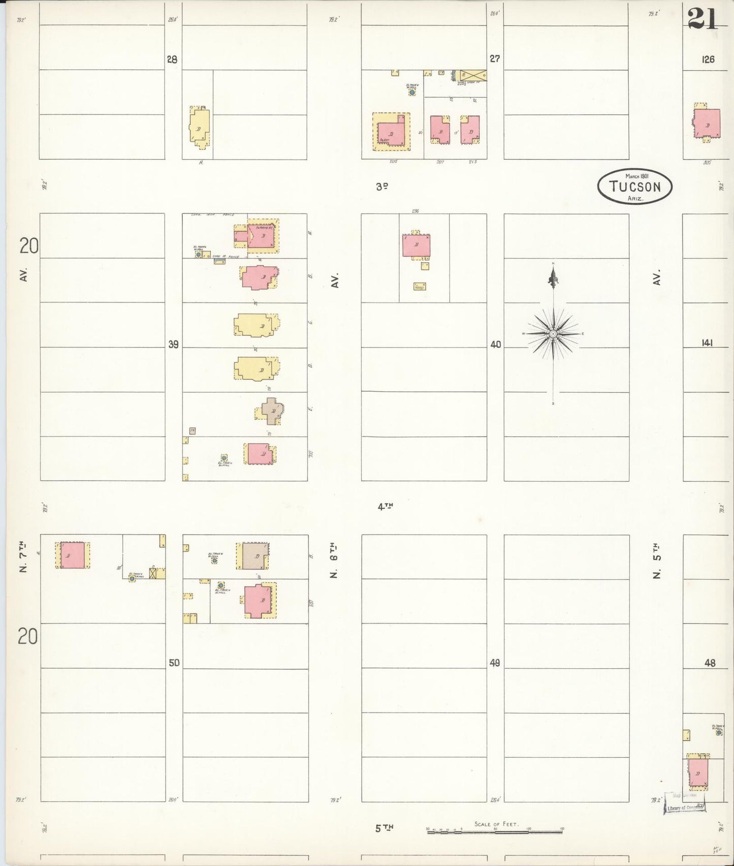 Sanborn Fire Insurance Map from Tucson, Pima County, Arizona (1901), Sheet #0021 - Historic Sanborn Fire Insurance Map Print, vintage old map wall art, antique decor, genealogy gift, Arizona Arizona map