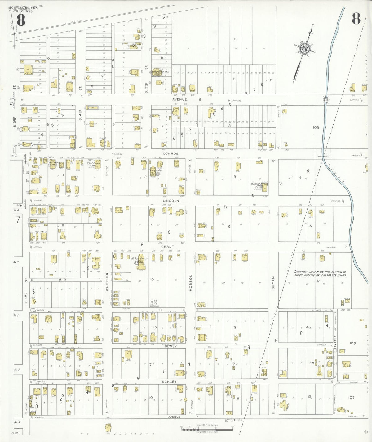 Sanborn Fire Insurance Map from Conroe, Montgomery County, Texas (1938), Sheet #0008 - Historic Sanborn Fire Insurance Map Print, vintage old map wall art, antique decor, genealogy gift, Texas Texas map