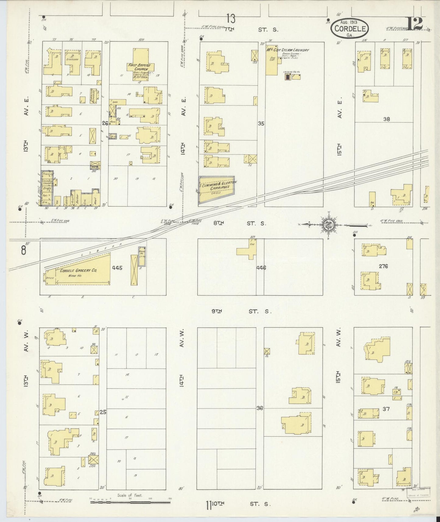 Sanborn Fire Insurance Map from Cordele, Crisp County, Georgia (1913), Sheet #0012 - Historic Sanborn Fire Insurance Map Print, vintage old map wall art, antique decor, genealogy gift, Georgia Georgia map