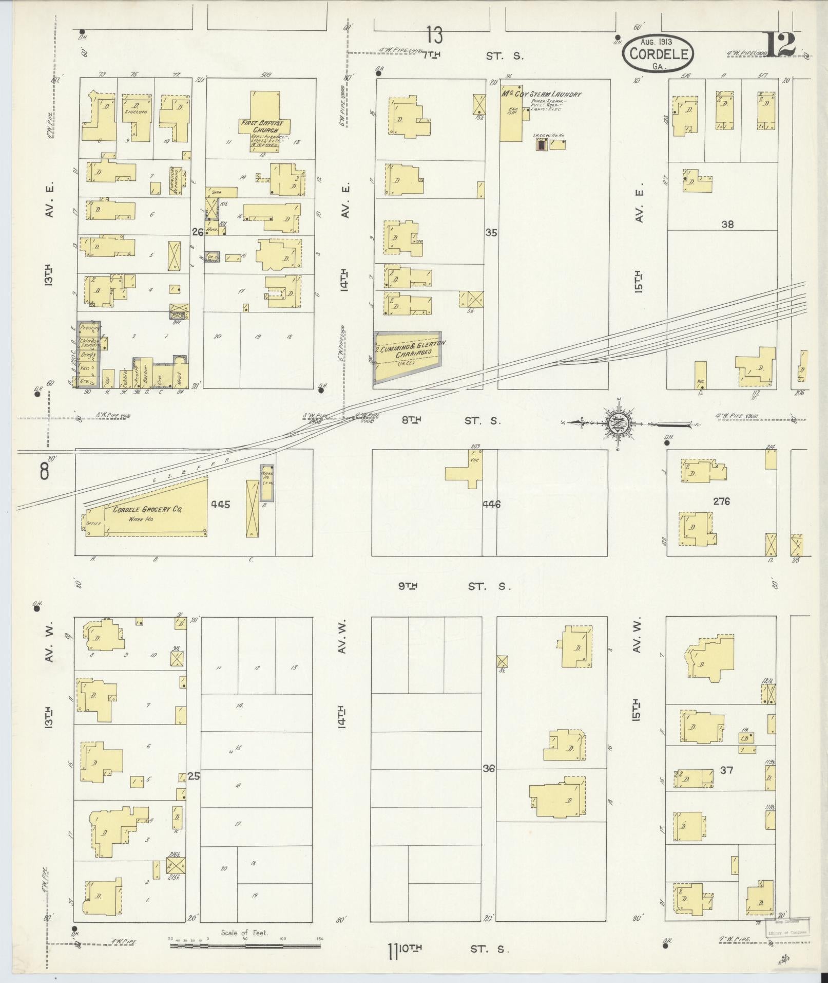 Sanborn Fire Insurance Map from Cordele, Crisp County, Georgia (1913), Sheet #0012 - Historic Sanborn Fire Insurance Map Print, vintage old map wall art, antique decor, genealogy gift, Georgia Georgia map