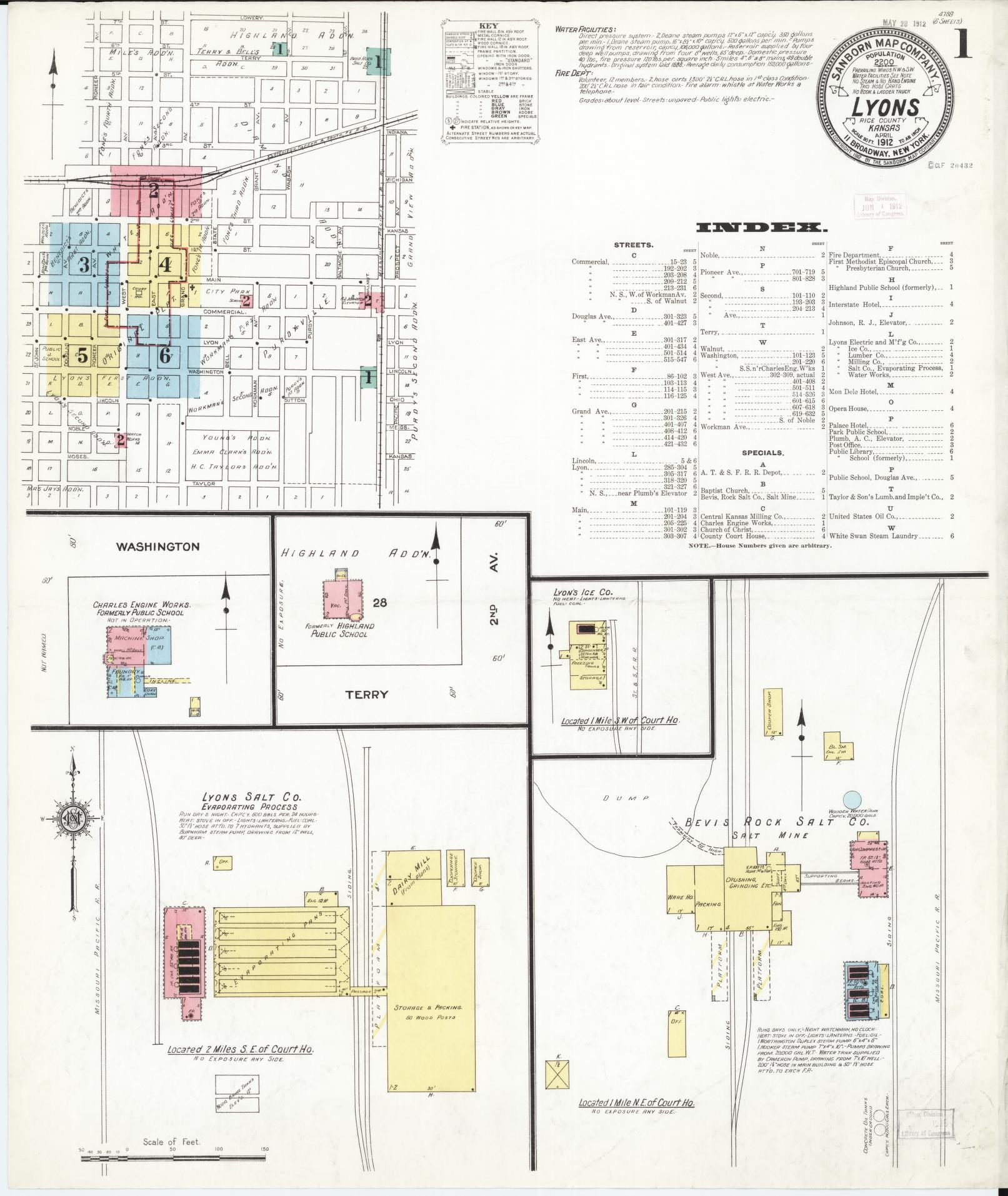 Sanborn Fire Insurance Map from Lyons, Rice County, Kansas (1912), Sheet #0001 - Complete Map Set gallery image, historic Sanborn map, vintage wall art, Kansas Kansas