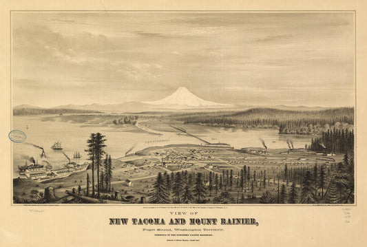 View of new Tacoma and Mount Rainier, Puget Sound, Washington Territory. (1878) – Historic Bird’s-Eye View Panorama Print